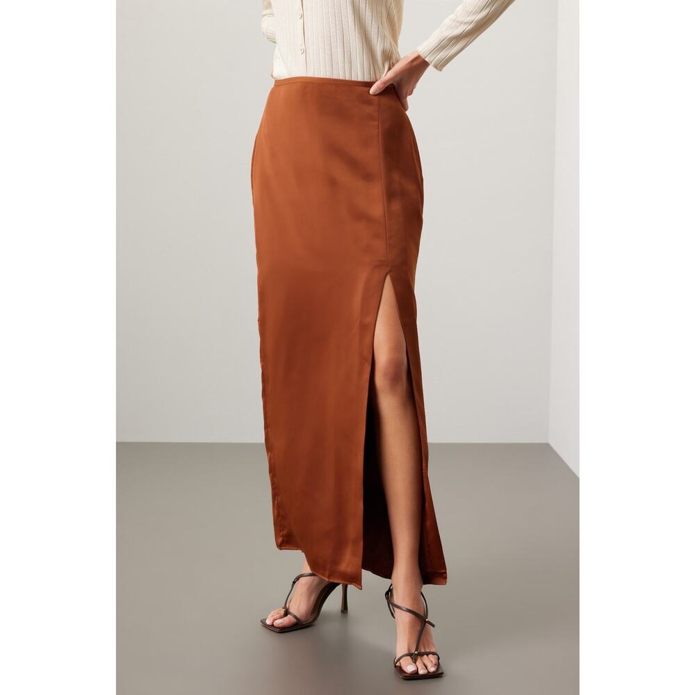 Club Monaco Trycia Brown Slit Satin Bias Midi Skirt Size 6 - Picture 2 of 14